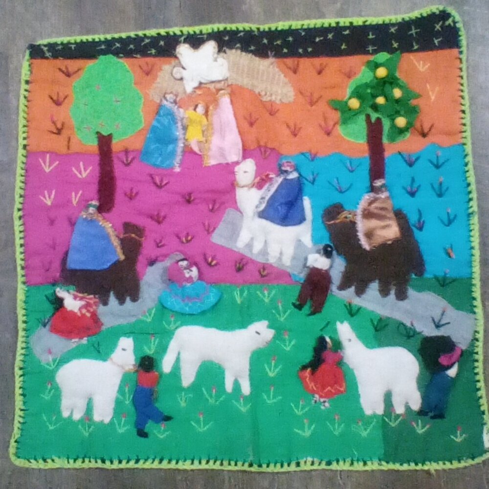 Vintage Fabric Arpillera 3D Folk Art Applique Taperstry Christmas Nativity Scene